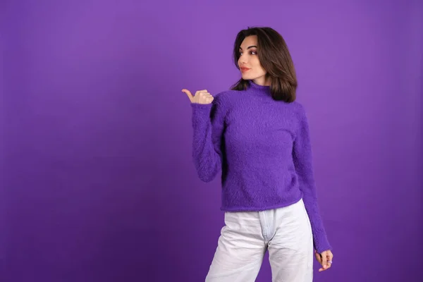 Young Woman Purple Soft Cozy Sweater Background Cute Smiling Cheerfully — Stock Photo, Image