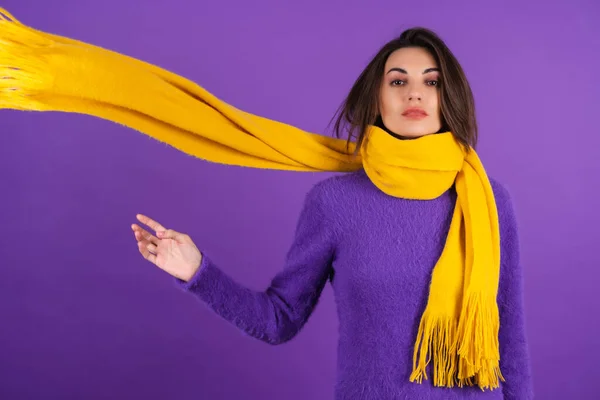 Young Woman Purple Soft Cozy Sweater Yellow Scarf Makeup Posing — Fotografia de Stock