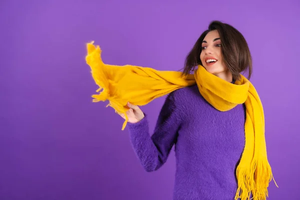 Young Woman Purple Soft Cozy Sweater Yellow Scarf Makeup Cheerful — Fotografia de Stock