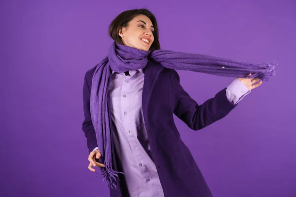 Young Woman Woolen Coat Scarf Purple Background Cozy Warm Autumn — Stock Photo, Image