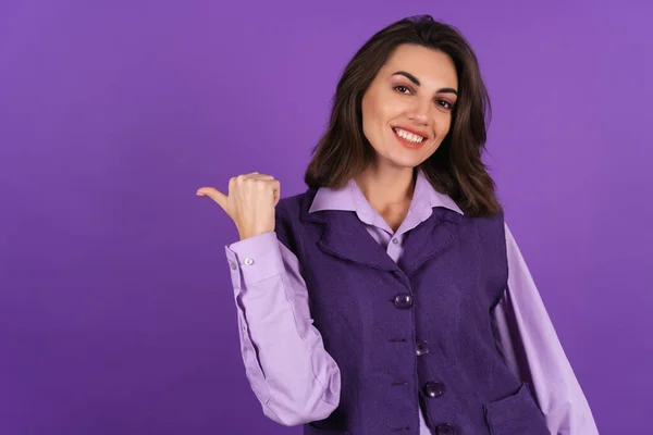 Young Woman Shirt Vest Purple Background Smiles Cheerfully High Spirits — 스톡 사진