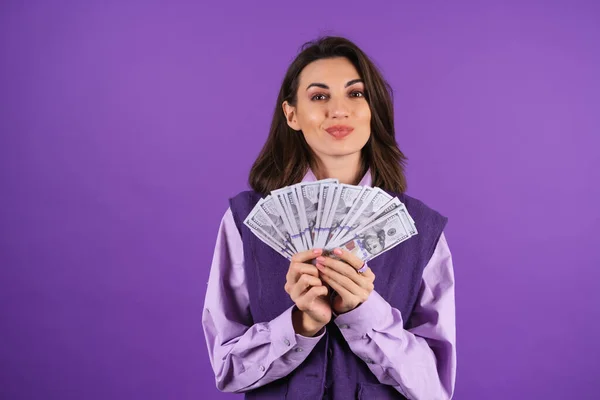 Young Woman Shirt Vest Purple Background Bundle Money Dollars Her — Foto Stock