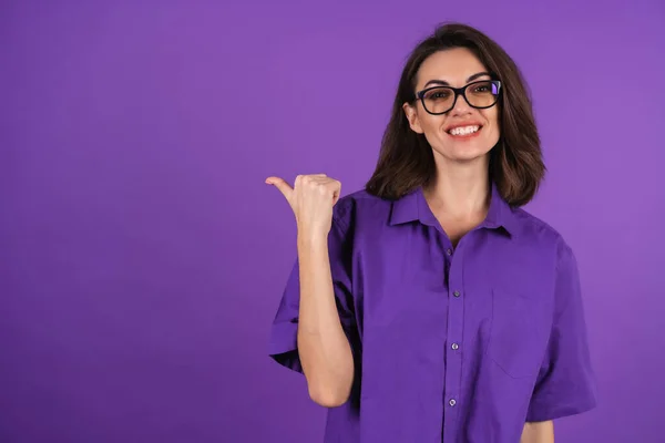 Young Woman Shirt Short Sleeves Purple Background Makeup Stylish Glasses — 스톡 사진