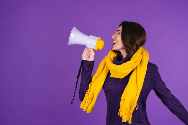 Young Woman Knitted Dress Yellow Scarf Purple Background Cheerfully Shouts — Stockfoto
