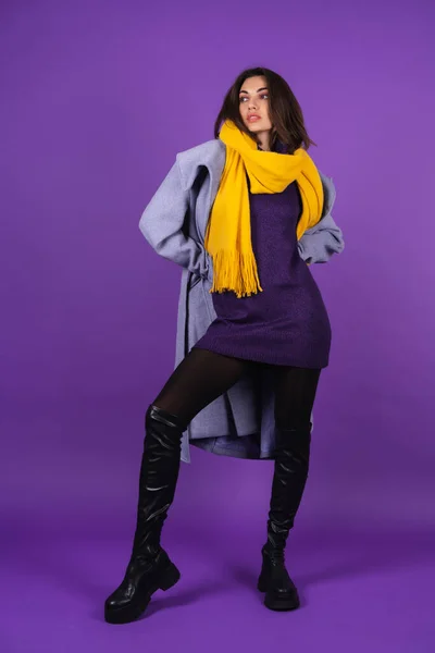 Young Woman Gray Coat Knitted Dress Yellow Scarf Purple Background — ストック写真