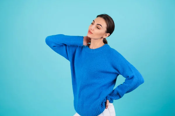 Beauty Portrait Young Woman Blue Knitted Sweater Natural Day Makeup — Stock Photo, Image