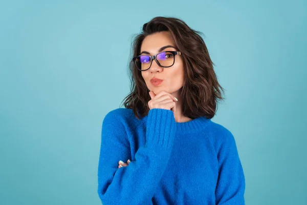 Woman Blue Knitted Sweater Natural Make Curly Short Hair Glasses — Stock Photo, Image