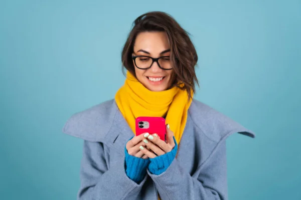 Spring Autumn Portrait Woman Blue Knitted Sweater Glasses Yellow Bright — Stock Photo, Image