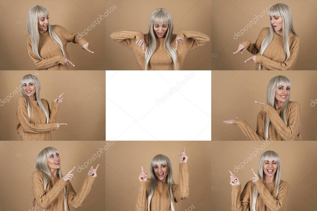 Collage of eight photos. A blonde girl in a sweater on a beige background points her fingers to the middle of the frame at an empty white space for an inscription, surprised shocked wow