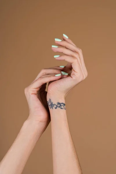 Mani Femminili Graziose Con Dita Lunghe Sottili Manicure Turchese Alla — Foto Stock