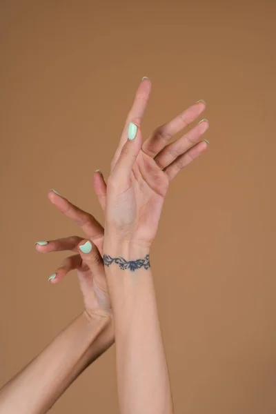 Graceful Female Hands Thin Long Fingers Mint Turquoise Manicure Beige — Stock Photo, Image