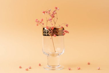 Güzel cam kadehler, içinde altın jantlar ve çiçekler var.