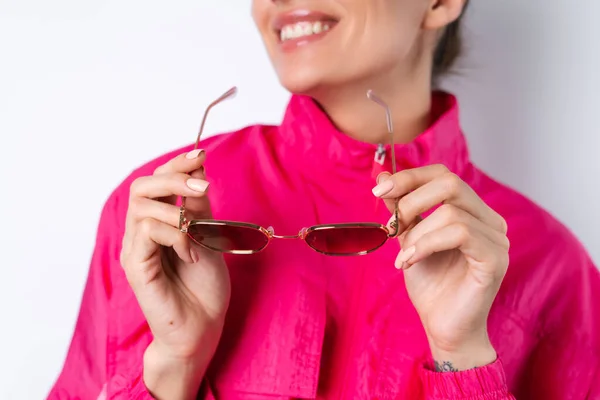 Stylish Young Woman Bright Pink Sports Jacket Holding Trendy Sunglasses — Stock Photo, Image
