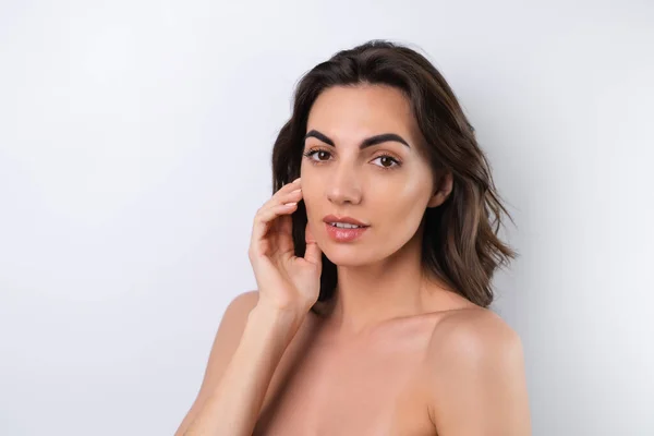 Zbliżenie Piękno Portret Topless Kobieta Idealny Skóra Naturalny Makijaż — Zdjęcie stockowe