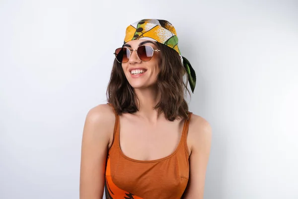 Summer Portrait Young Woman Sports Swimsuit Headscarf Sunglasses — Stock Photo, Image