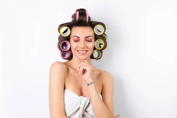 Beautiful Housewife Young Cheerful Woman Hair Curlers Bare Shoulders Getting — Stock Photo, Image