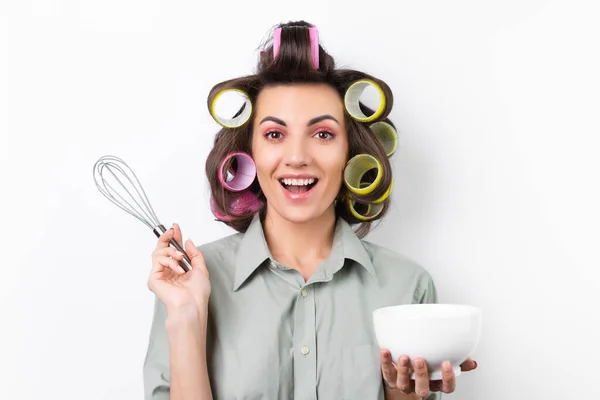 Beautiful Housewife Young Cheerful Woman Hair Curlers Bright Make White — Stock Photo, Image