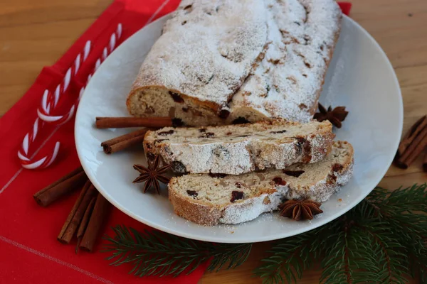 Traditional German Sweet Bread Raisins Candied Fruits Called Stollen Plate — Stock Photo, Image