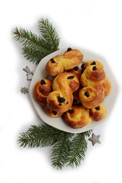 Petits Pains Safran Suédois Traditionnels Avec Des Raisins Secs Appelés — Photo