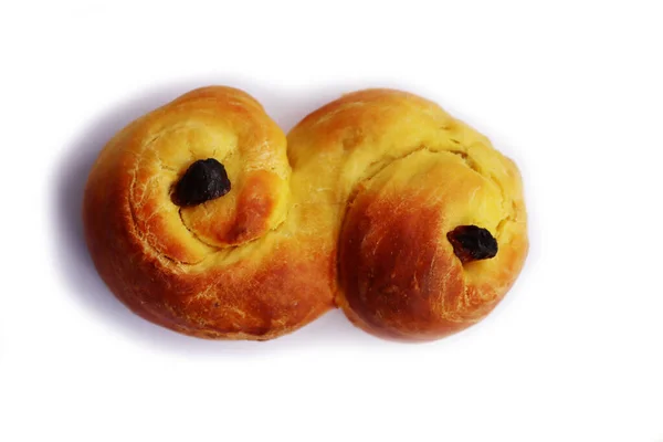 Traditional Swedish Saffron Bun Raisins Called Lussekatter White Background Homemade — стокове фото