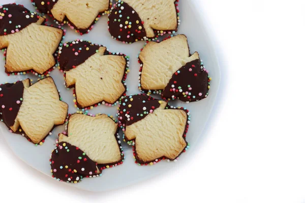 Christmas Cookies Made Shortcrust Pastry Glazed Chocolate Sprinkles Shape Christmas — стоковое фото