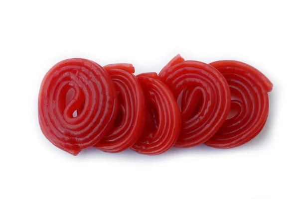 Sweet Red Candies Rolled Spiral Isolated White Background — стоковое фото