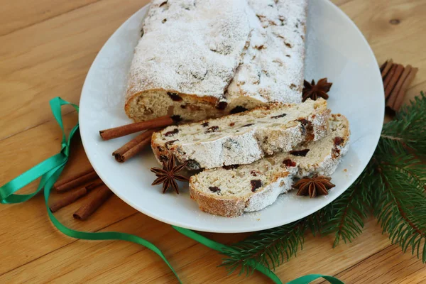 Traditional German Sweet Bread Raisins Candied Fruits Called Stollen Plate — Stock Photo, Image