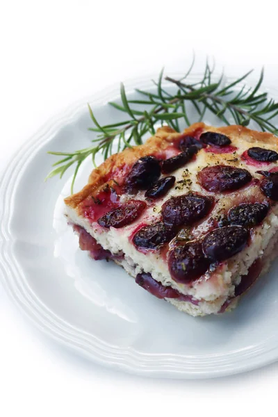Slice Italian Focaccia Bread Sweet Black Grape Rosemary Plate White — Stockfoto