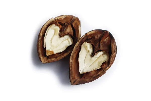 Two Half Walnut Shape Heart Isolated White Background — Stock Photo, Image