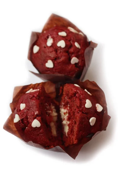Homemade Red Velvet Cupcakes White Frosting White Heart Shape Sprinkles — Stock Photo, Image