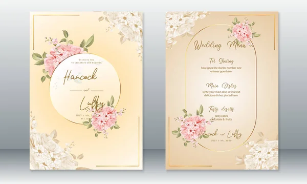 Luxus Hochzeitseinladungskarte Mit Goldenem Rahmen Und Rosenstrauß — Stockvektor