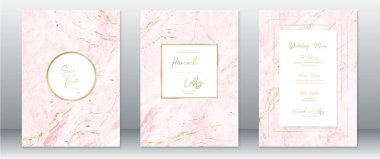 Altın düğün davetiyesi, altın çerçeveli ve mermer desenli lüks tasarım.