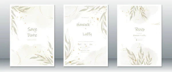 緑の葉の枝と金の質感と結婚式の招待状のカードテンプレート水彩背景 — ストックベクタ