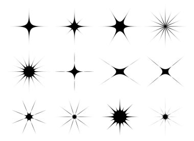 Beyaz arkaplanda izole edilmiş parıltı sembollü yıldız simgesi koleksiyonu