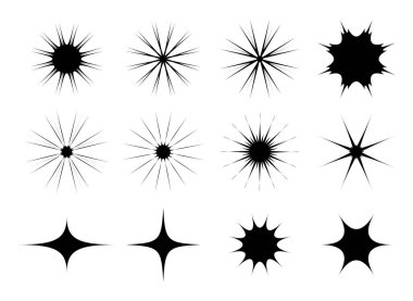 Beyaz arkaplanda izole edilmiş parıltı sembollü yıldız simgesi koleksiyonu