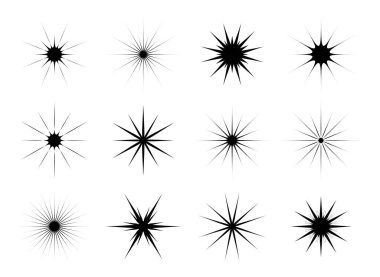 Beyaz arkaplanda izole edilmiş parıltı sembollü yıldız simgesi koleksiyonu