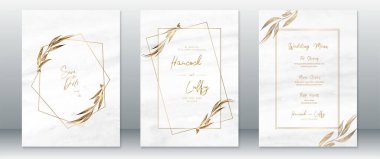 Düğün davetiyesi, beyaz mermer desenli altın tasarımı lüksüne sahip.