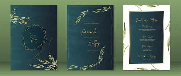 Plantilla Tarjeta Invitación Boda Lujo Diseño Verde Marco Oro Con Ilustraciones De Stock Sin Royalties Gratis