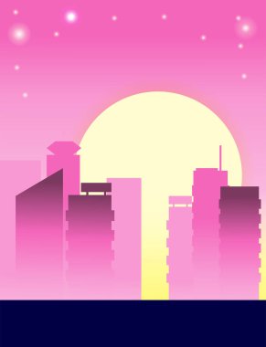 Akşam atmosferi. Bir sürü büyük şehir binası. Parlak pembe renk değişimi. Şehirde parlak bir akşam konsepti.