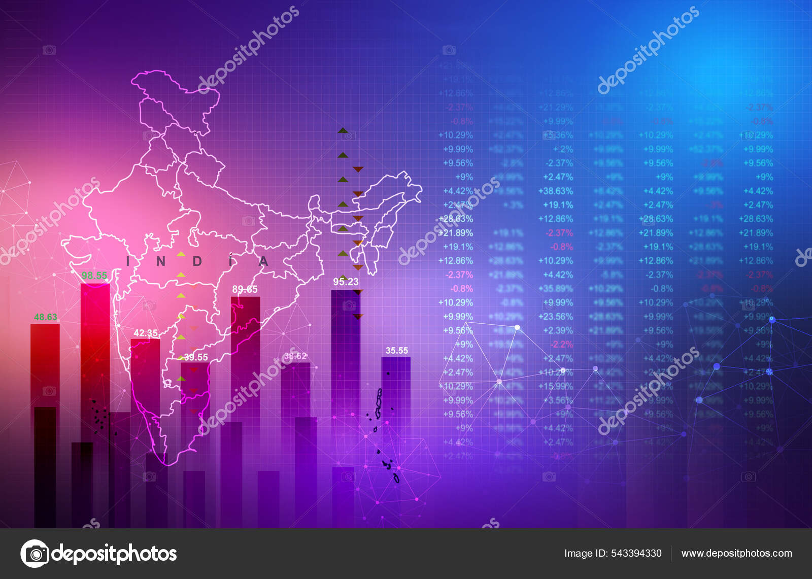 充满活力的印度卢比背景印度股票市场数据与印度地图印度金融经济背景说明卢比货币——图库图片© pixxelstudio91 #543394330