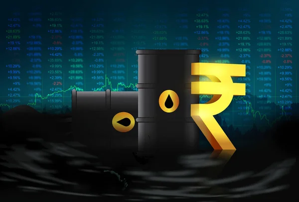 インドの株式市場に影響を与える原油価格 ルピーアイコン3Dイラストと原油バレル — ストック写真