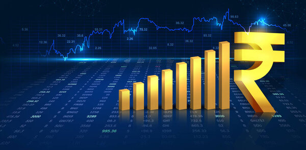 онлайновая концепция роста бизнеса с индийской рупией и графиком. 3D-рендеринг с данными фондового рынка. Золотой цвет