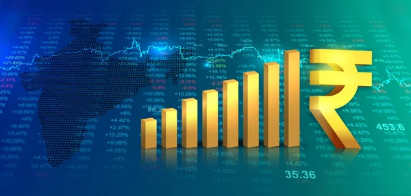 online business success concept with arrow 3d render illustration. indian stock market growth, indian rupee icon, indian map