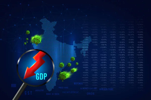 GDP growth downfall, Indian economic crisis in corona pandemic, slow down, economic crisis, unemployment, rupee downfall illustration, Indian rupee background, loss, rupee currency, India