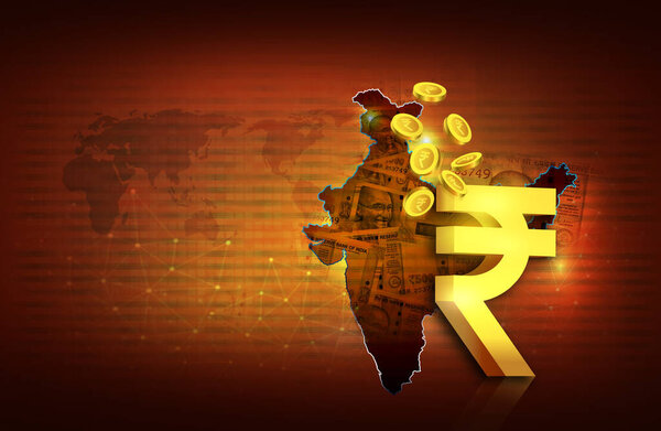 Indian economy concept, finance background with Indian rupee icon, falling rupee coins, Indian map with currency background illustration, brown, yelloew