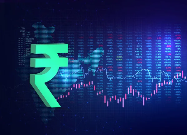 印度卢比背景3D渲染 有股票市场数据 印度货币背景 — 图库照片