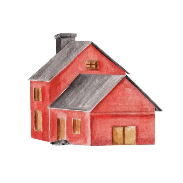 Red Farmhouse Watercolor Illustration Hand Drawn Barn Building Thanksgiving Invites — Stock Photo, Image