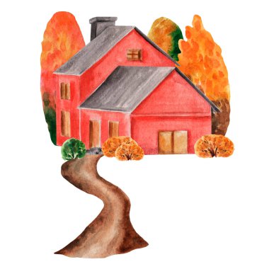 Çiftlik evi manzarası: kırmızı ahır, orman ağaçları ve patikanın suluboya bileşimi. Sonbahar peyzaj tasarımı. Kartpostallar, posterler, tebrik kartları, sonbahar davetiyeleri, takvimler, kırtasiyeler için kırmızı köy evi. 