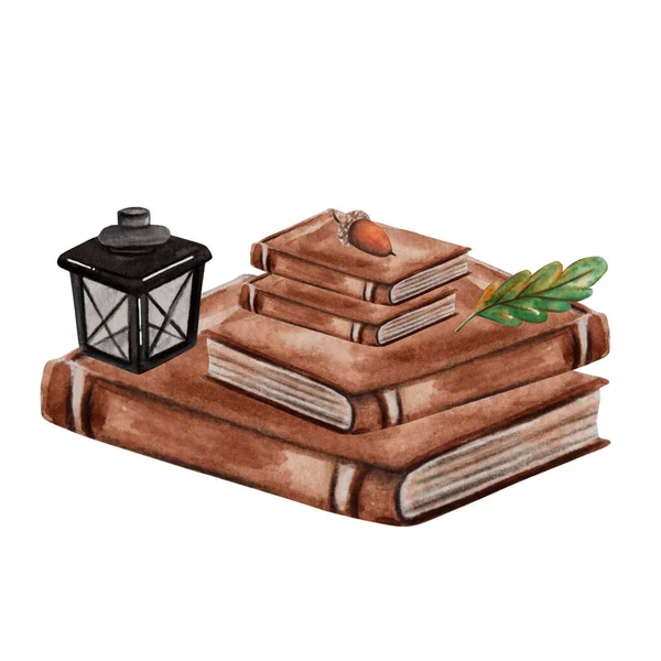 Watercolor Composition Books Pile Lantern Oak Leaf Acorn Cozy Autumn — Stock Photo, Image