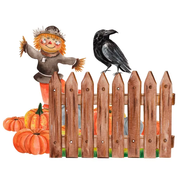 Autumn Scenery Watercolor Composition Scarecrow Pumpkins Harvest Raven Sitting Wood — Stock Photo, Image